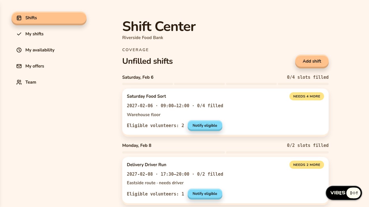 Platform screenshot of the Volunteer shift coverage app built in round six